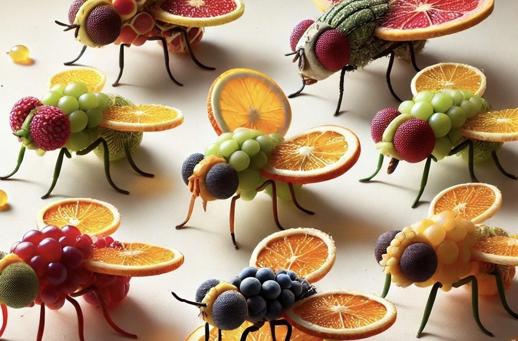 Image of artificial flies created from real fruit, arranged artistically