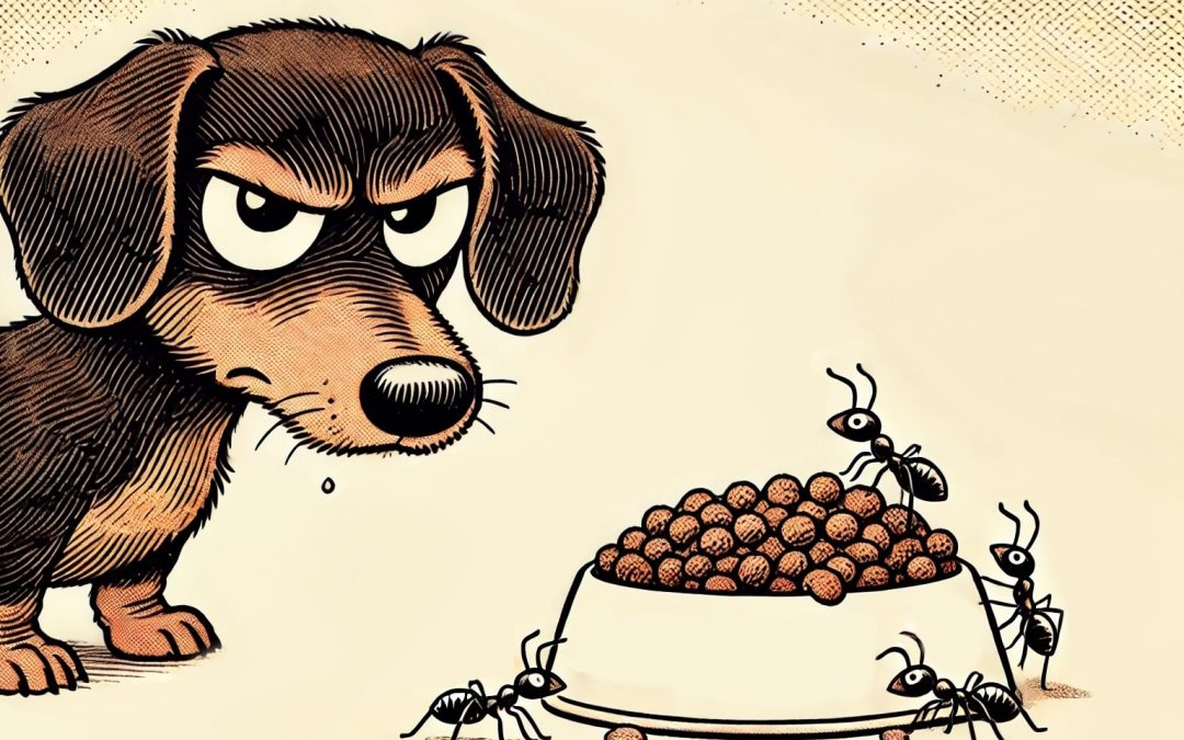 A cartoon-style dachshund with an annoyed expression looks at its food bowl, which is swarmed by ants eating the dog food.